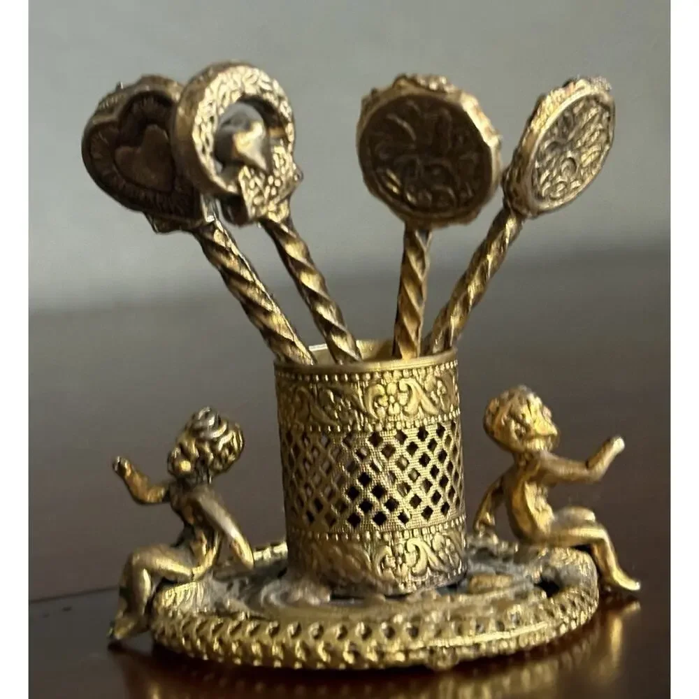 Vtg Cherub Cocktail Picks Holder Set 5 Gold Tone Putti Hors D’Oeuvre Olive Picks